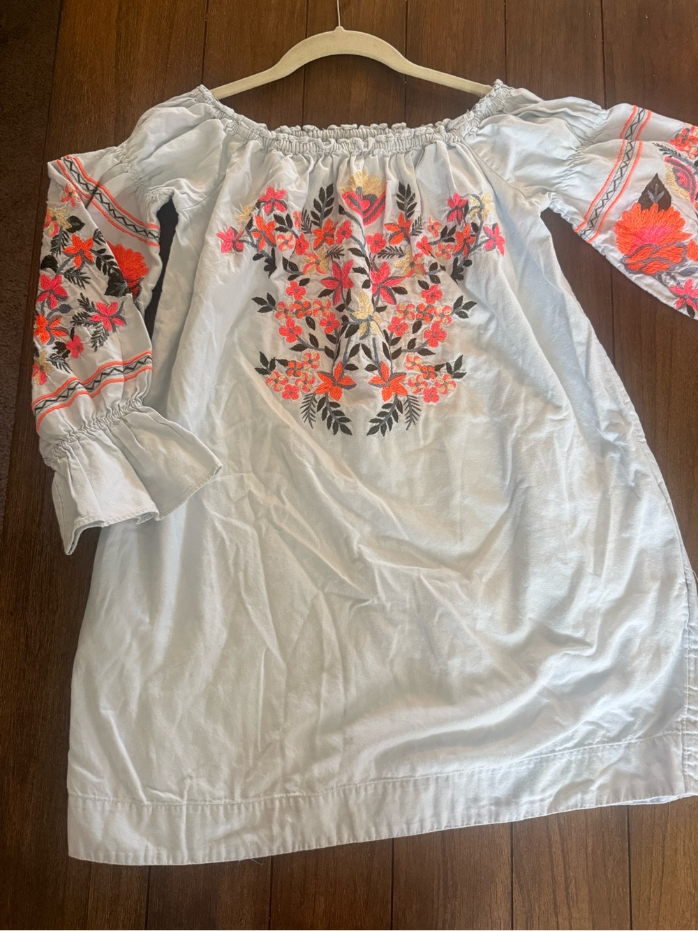 Free PeopleEmbroidered Off-Shoulder Light Blue Dress with Pink & Orange Floral